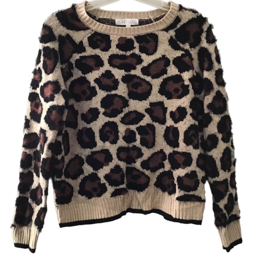 NWT Planet Gold Sweater Womens L Beige Black Leopard Print Fuzzy Knit Crewneck